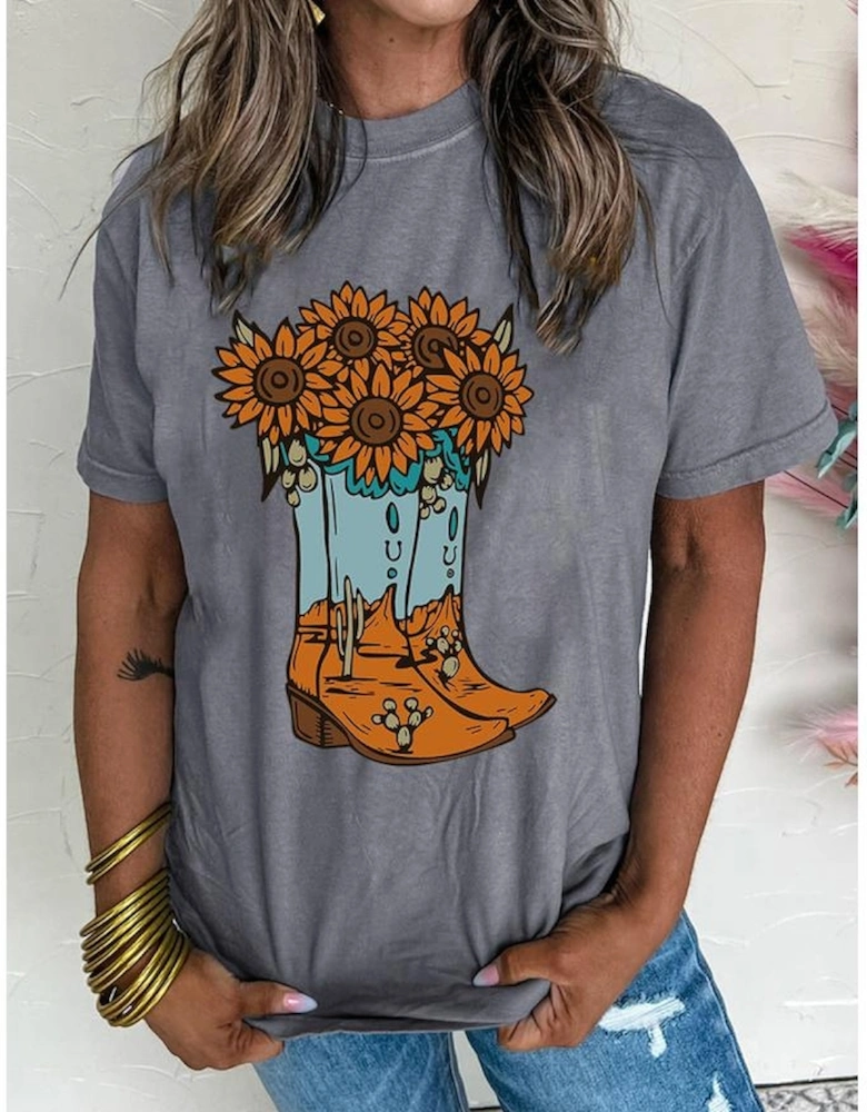 Gray Sunflower Cowgirl Boots Print Western Fashion T Shirt