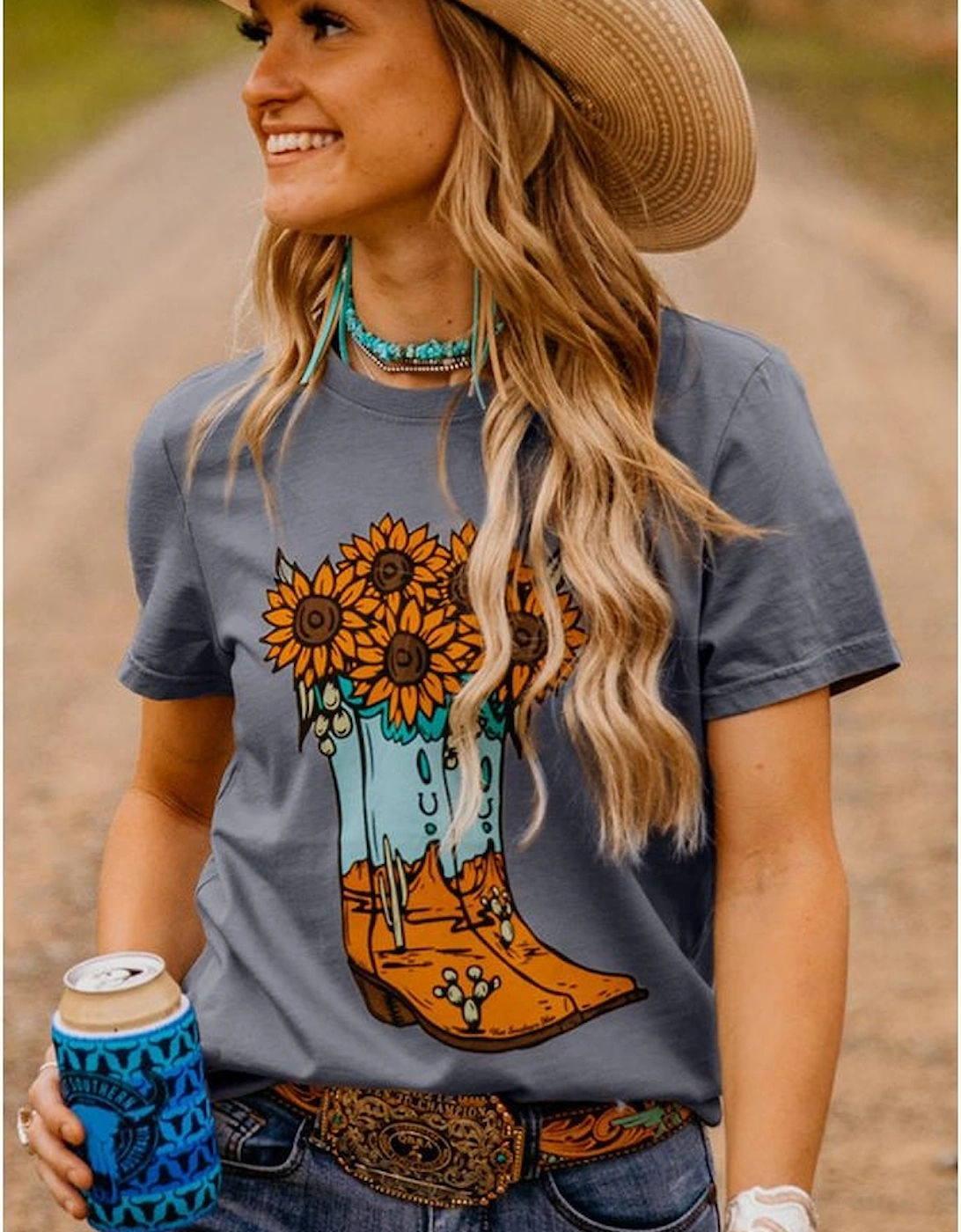 Gray Sunflower Cowgirl Boots Print Western Fashion T Shirt