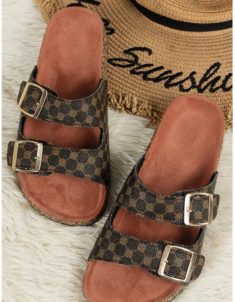 Coffee Geometric Print Cut Out Buckle PU Leather Flat Slippers