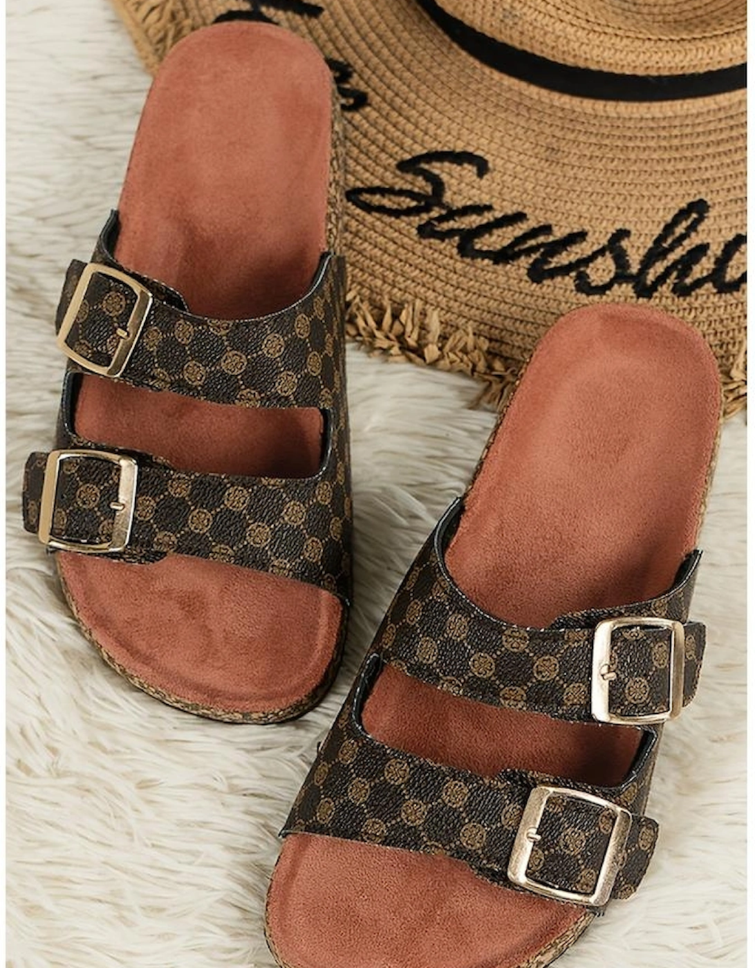 Coffee Geometric Print Cut Out Buckle PU Leather Flat Slippers