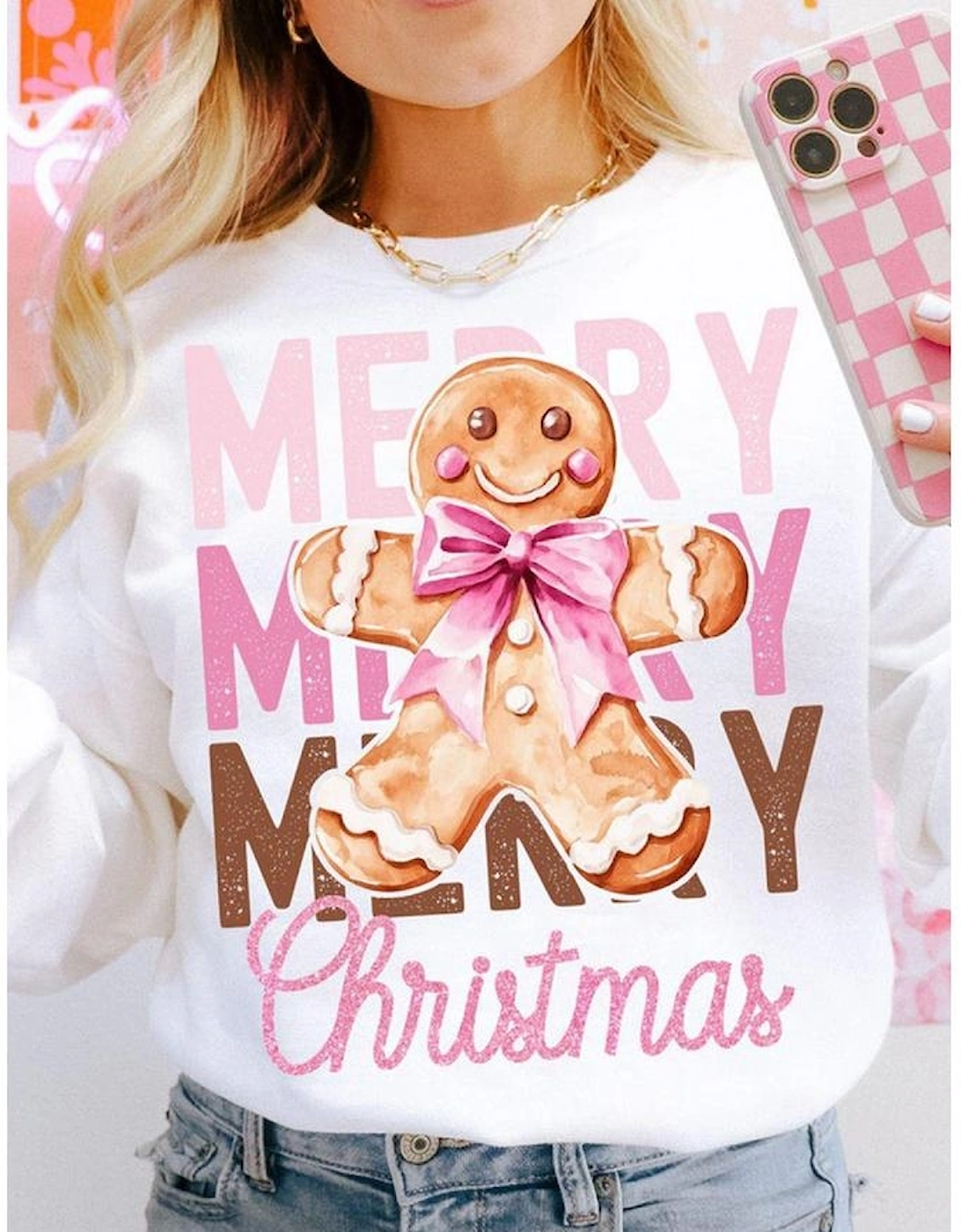 Beige Merry Christmas Gingerbread Man Graphic Sweatshirt