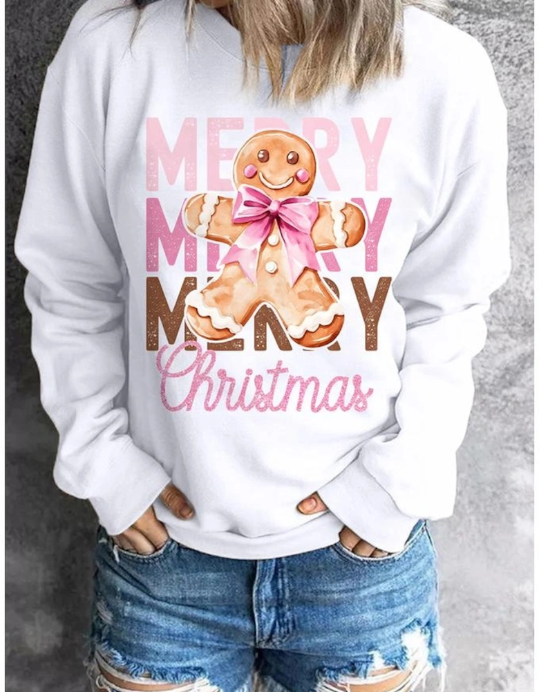 Beige Merry Christmas Gingerbread Man Graphic Sweatshirt