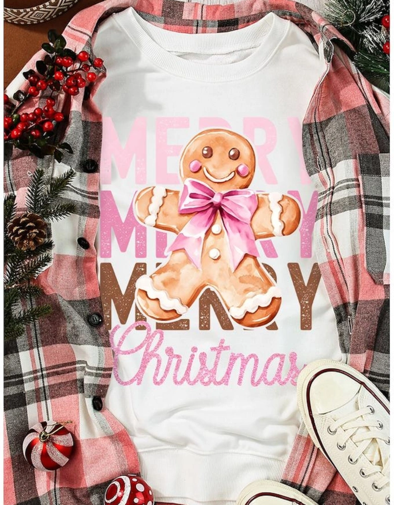 Beige Merry Christmas Gingerbread Man Graphic Sweatshirt