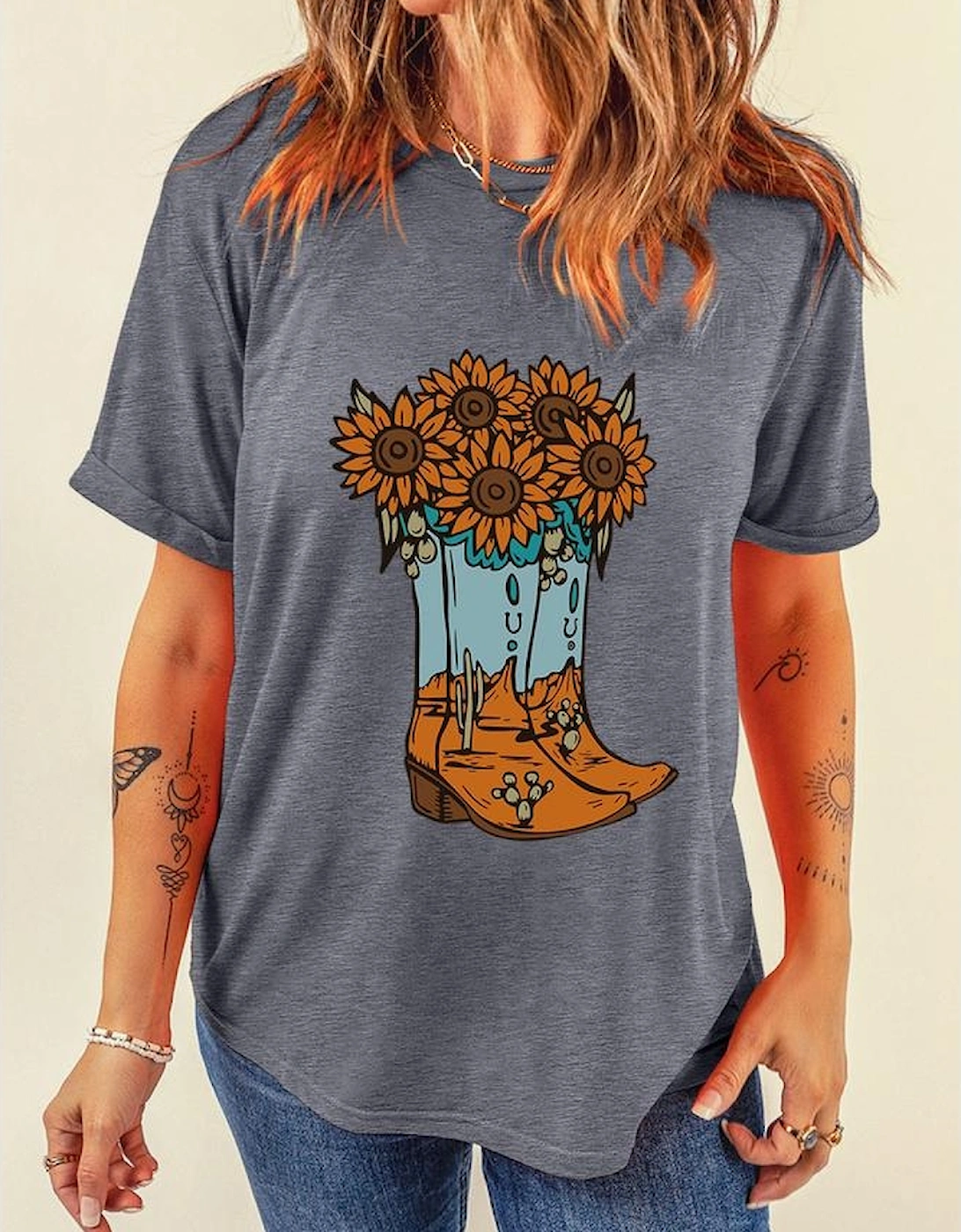 Gray Sunflower Cowgirl Boots Print Western Fashion T Shirt