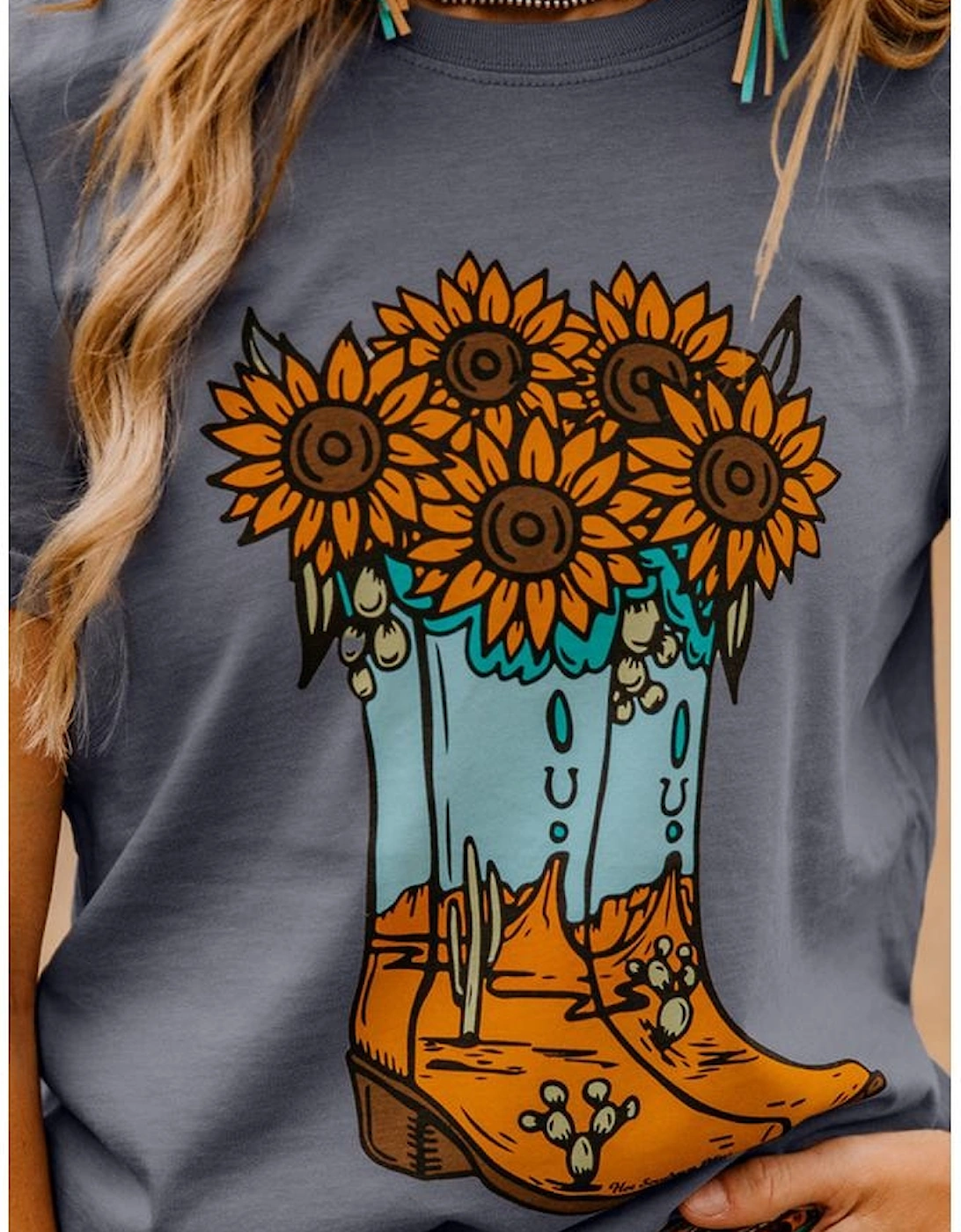 Gray Sunflower Cowgirl Boots Print Western Fashion T Shirt