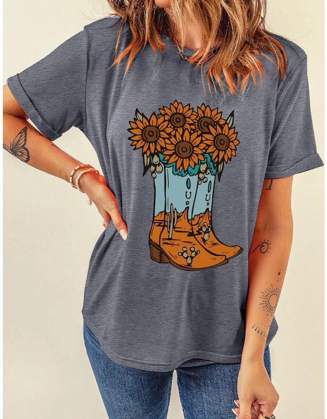 Gray Sunflower Cowgirl Boots Print Western Fashion T Shirt