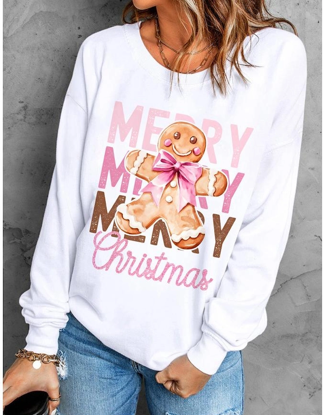 Beige Merry Christmas Gingerbread Man Graphic Sweatshirt
