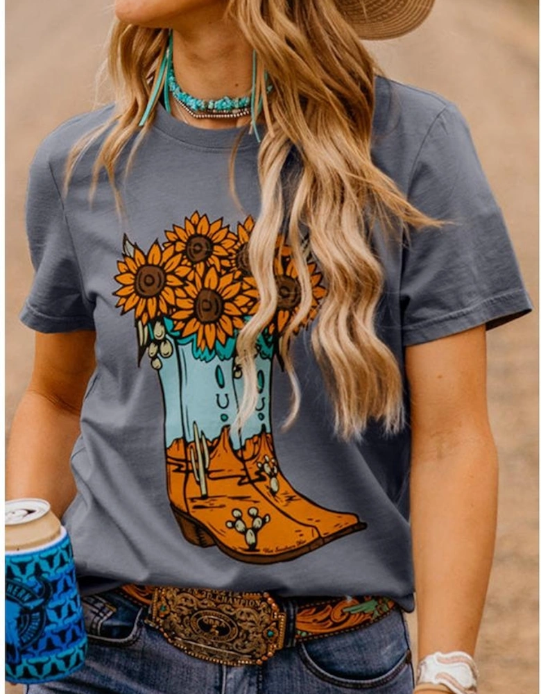 Gray Sunflower Cowgirl Boots Print Western Fashion T Shirt