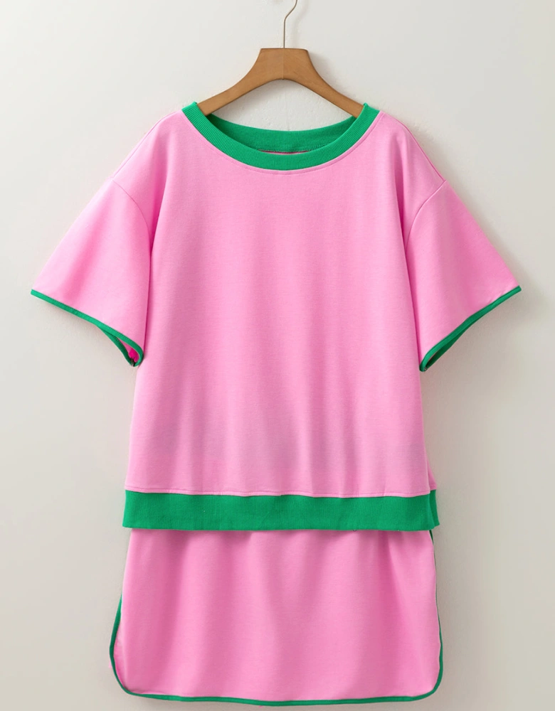 Bonbon Plus Size Contrast Trim T Shirt and Skirt Two Piece Set