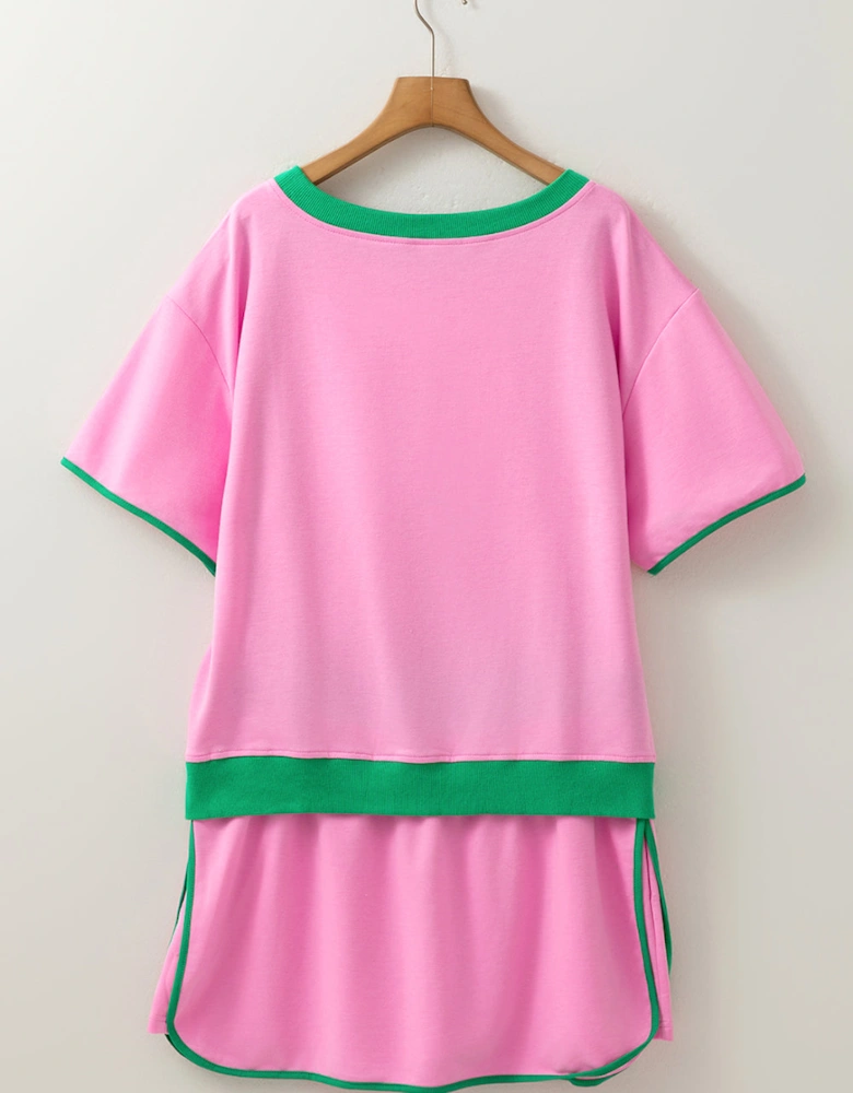 Bonbon Plus Size Contrast Trim T Shirt and Skirt Two Piece Set