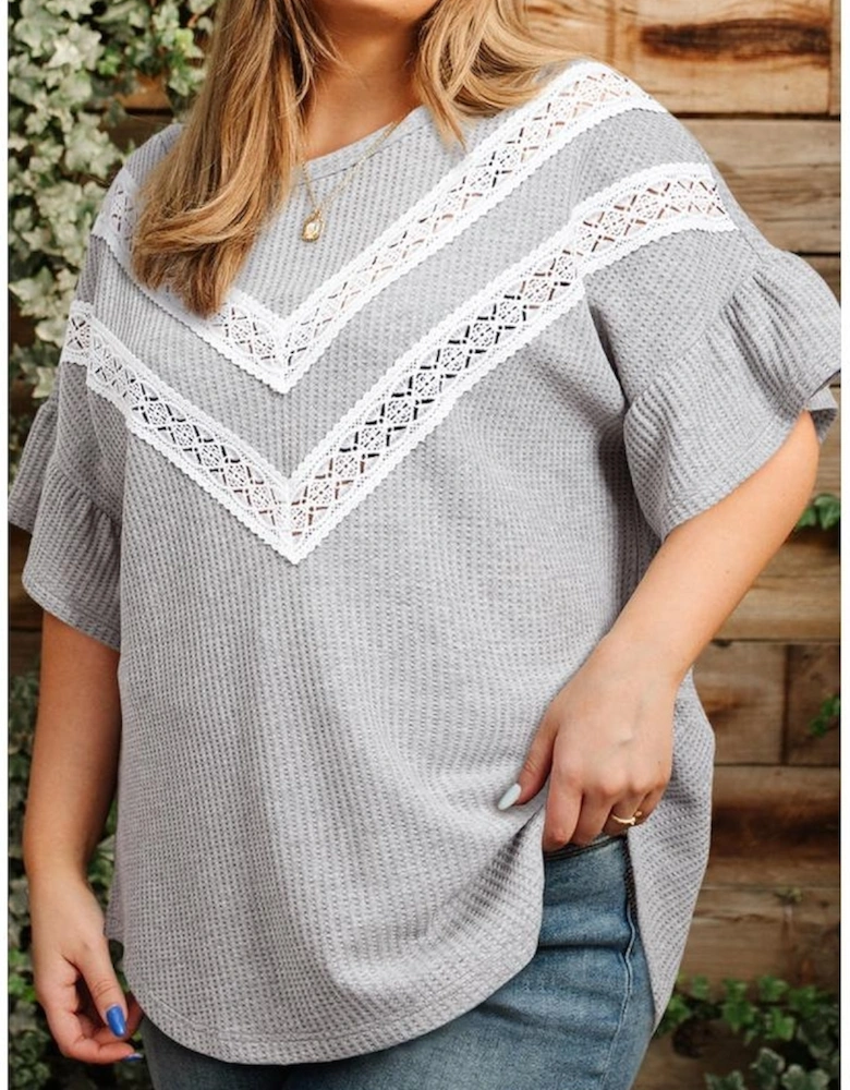Light Grey Lace Insert Waffle Ruffle Short Sleeve Plus Size Top