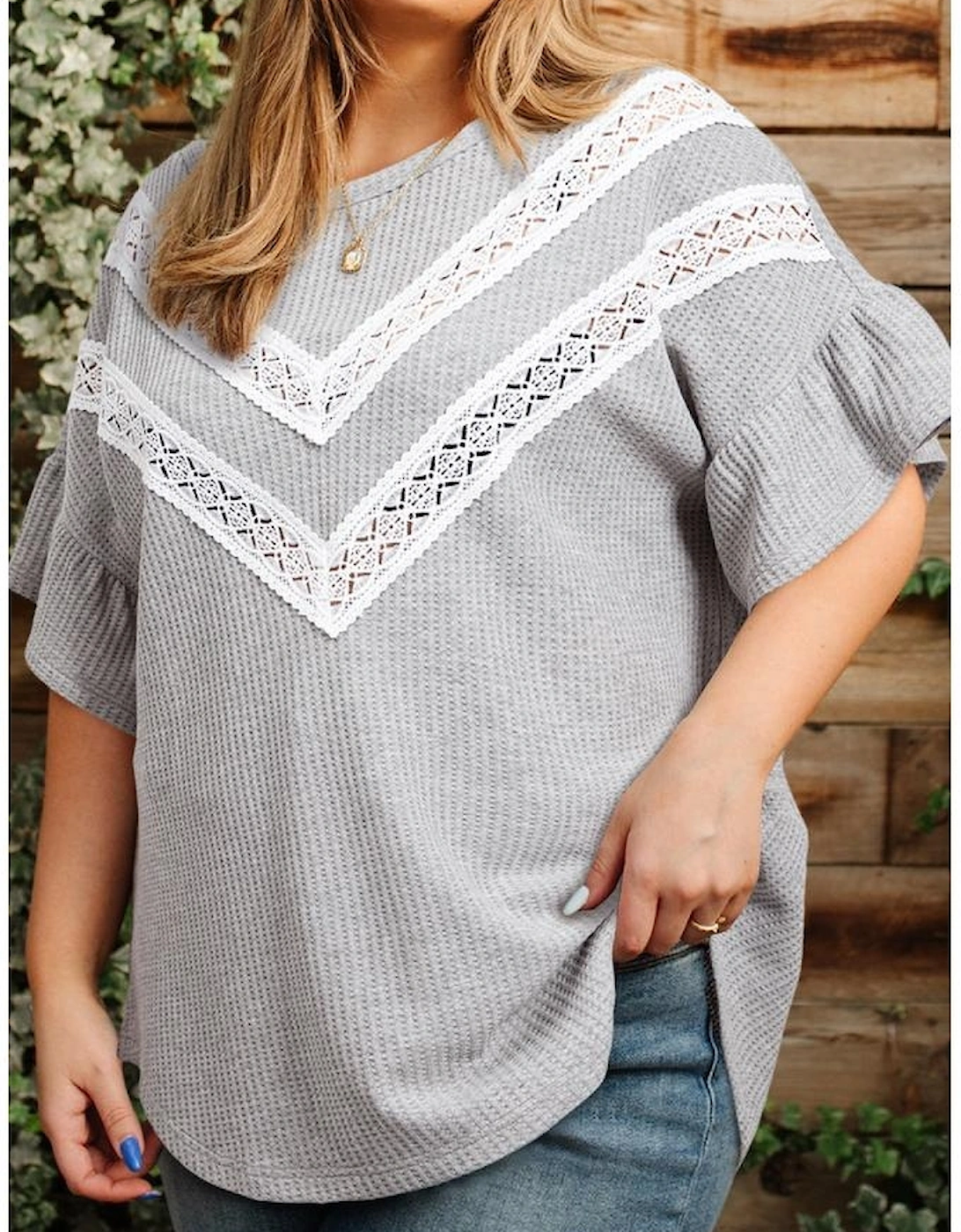 Light Grey Lace Insert Waffle Ruffle Short Sleeve Plus Size Top