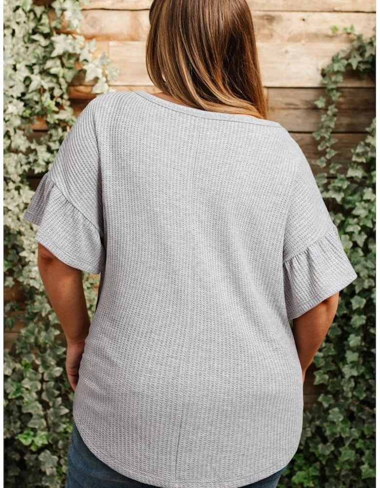 Light Grey Lace Insert Waffle Ruffle Short Sleeve Plus Size Top