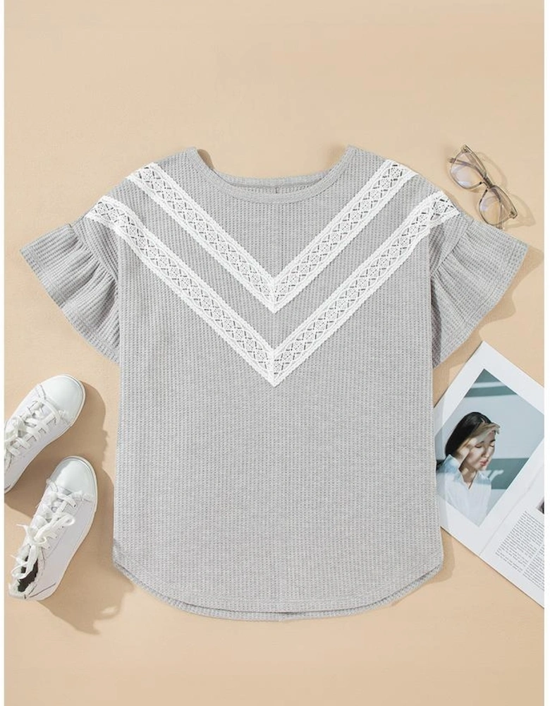 Light Grey Lace Insert Waffle Ruffle Short Sleeve Plus Size Top