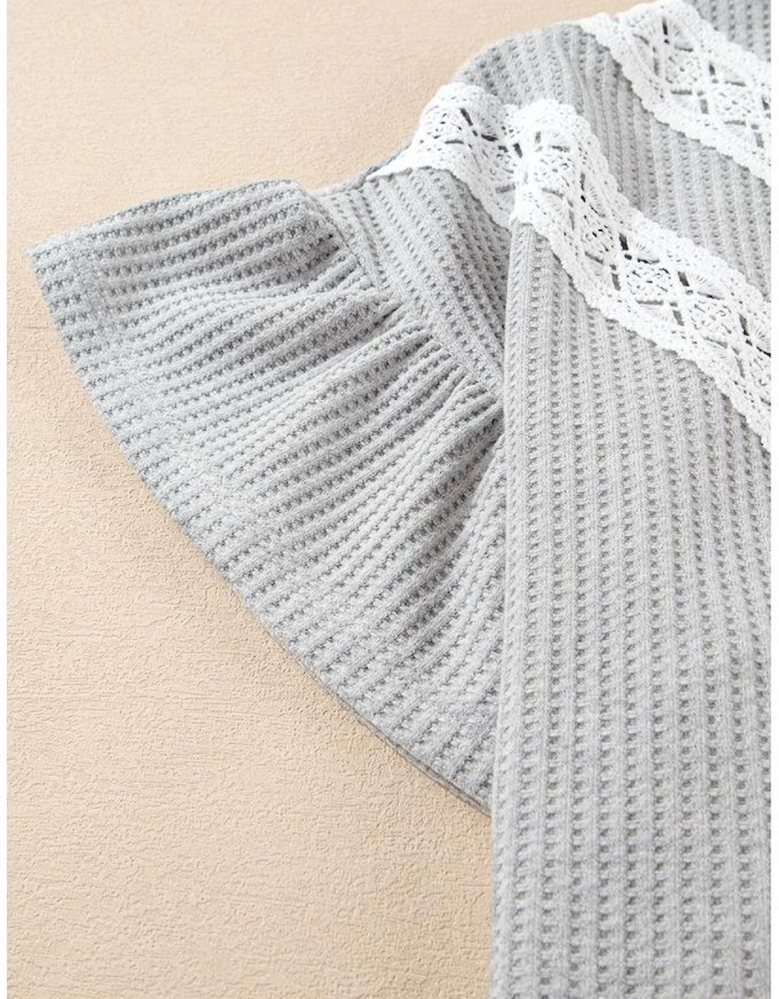 Light Grey Lace Insert Waffle Ruffle Short Sleeve Plus Size Top