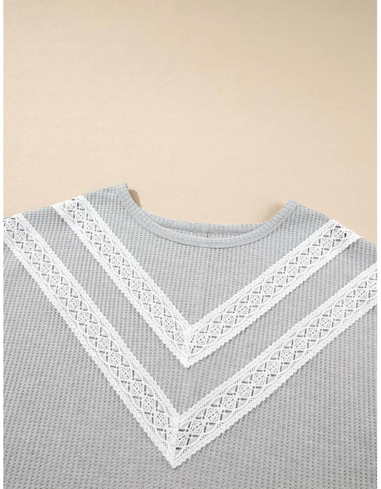 Light Grey Lace Insert Waffle Ruffle Short Sleeve Plus Size Top
