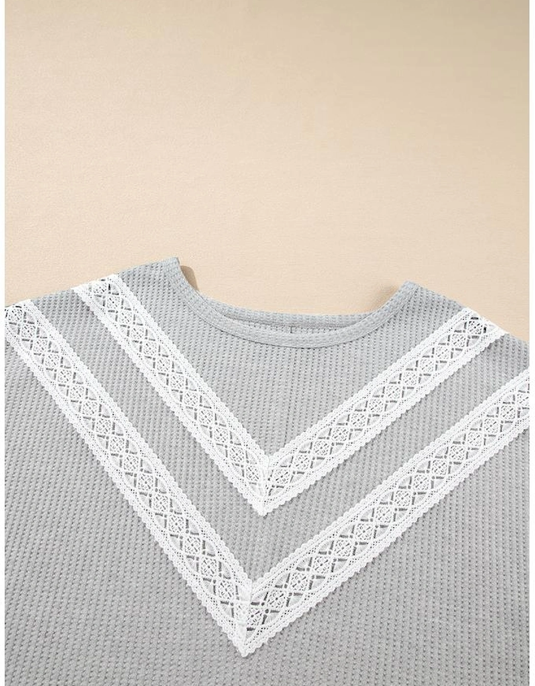 Light Grey Lace Insert Waffle Ruffle Short Sleeve Plus Size Top