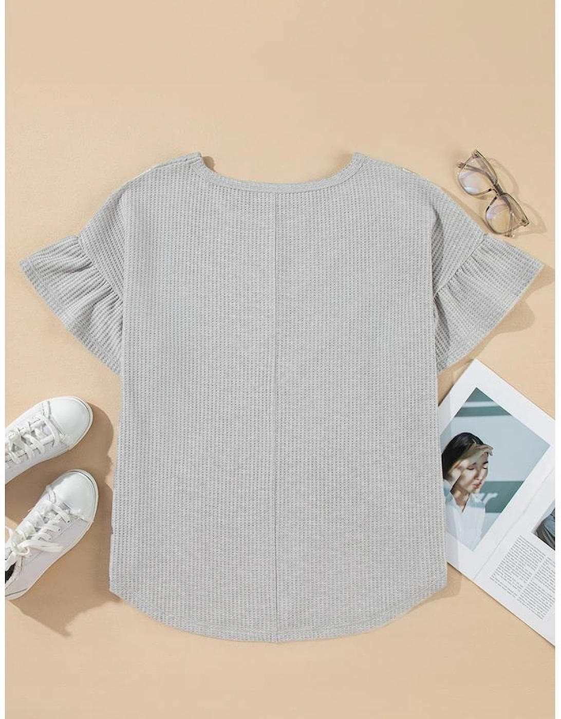 Light Grey Lace Insert Waffle Ruffle Short Sleeve Plus Size Top