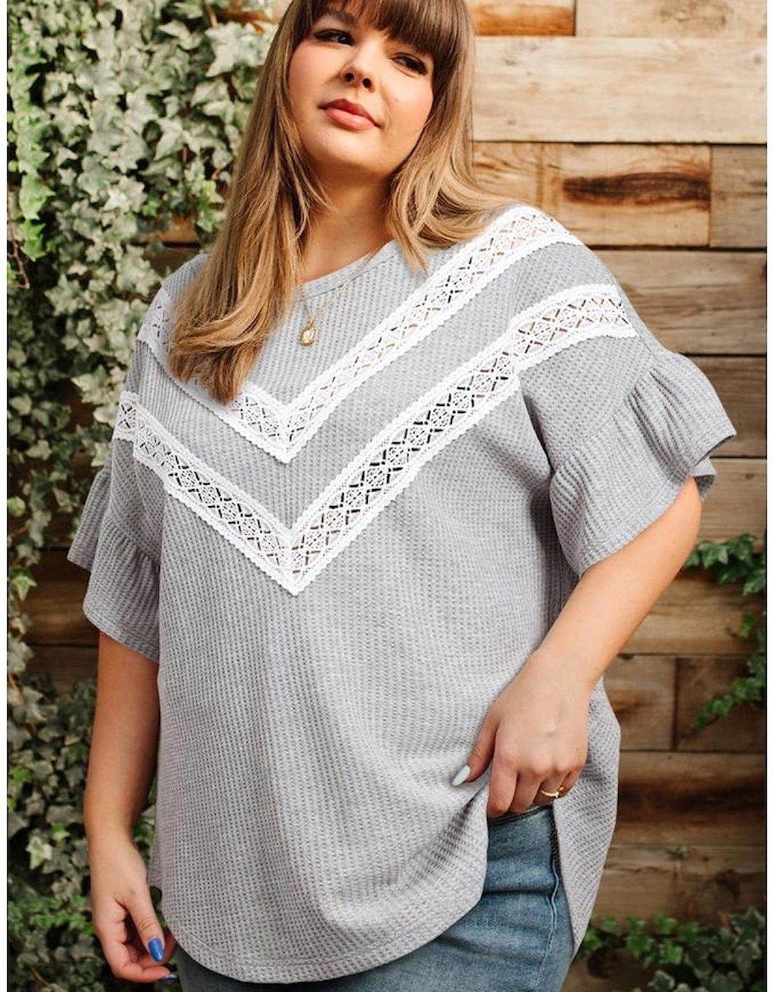 Light Grey Lace Insert Waffle Ruffle Short Sleeve Plus Size Top