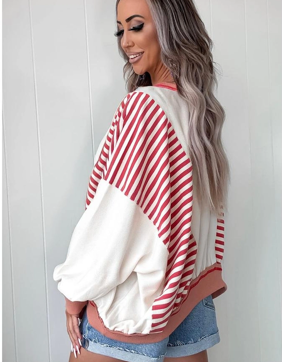 Red Stripe Colorblock Patchwork Contrast Stitching Oversize Sweatshirt