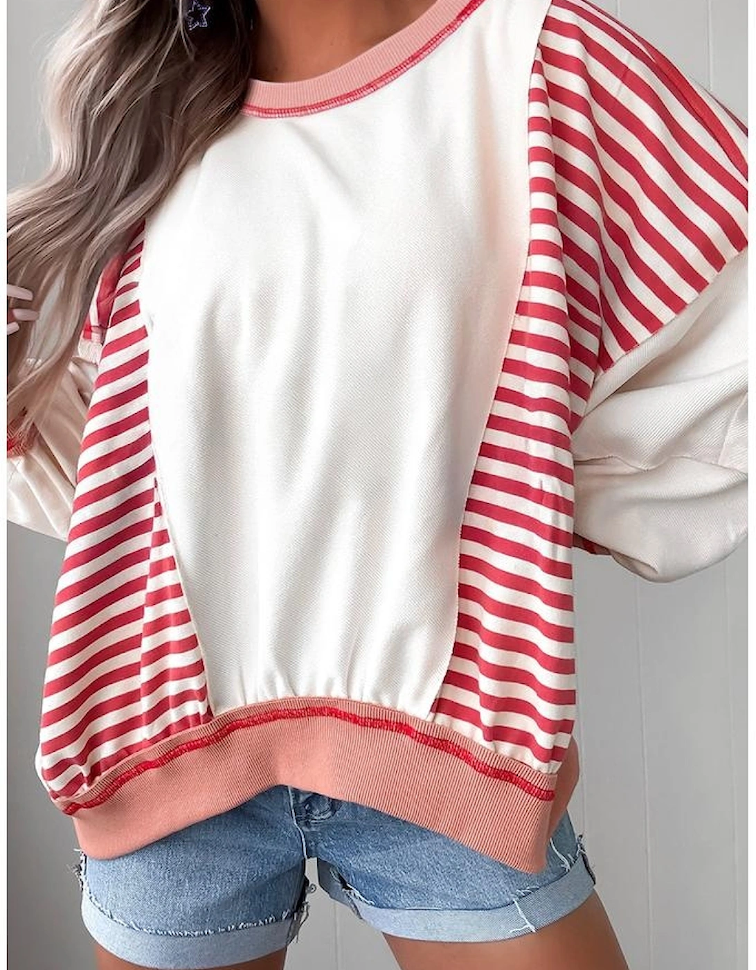 Red Stripe Colorblock Patchwork Contrast Stitching Oversize Sweatshirt, 11 of 10