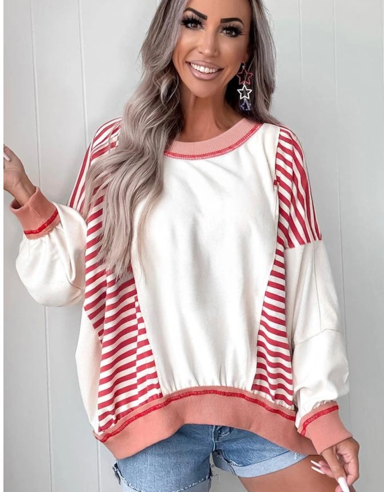Red Stripe Colorblock Patchwork Contrast Stitching Oversize Sweatshirt