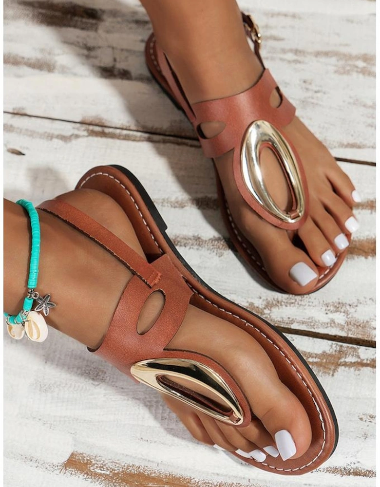 Camel Retro Hollow Out Open Toe Leather Sandals