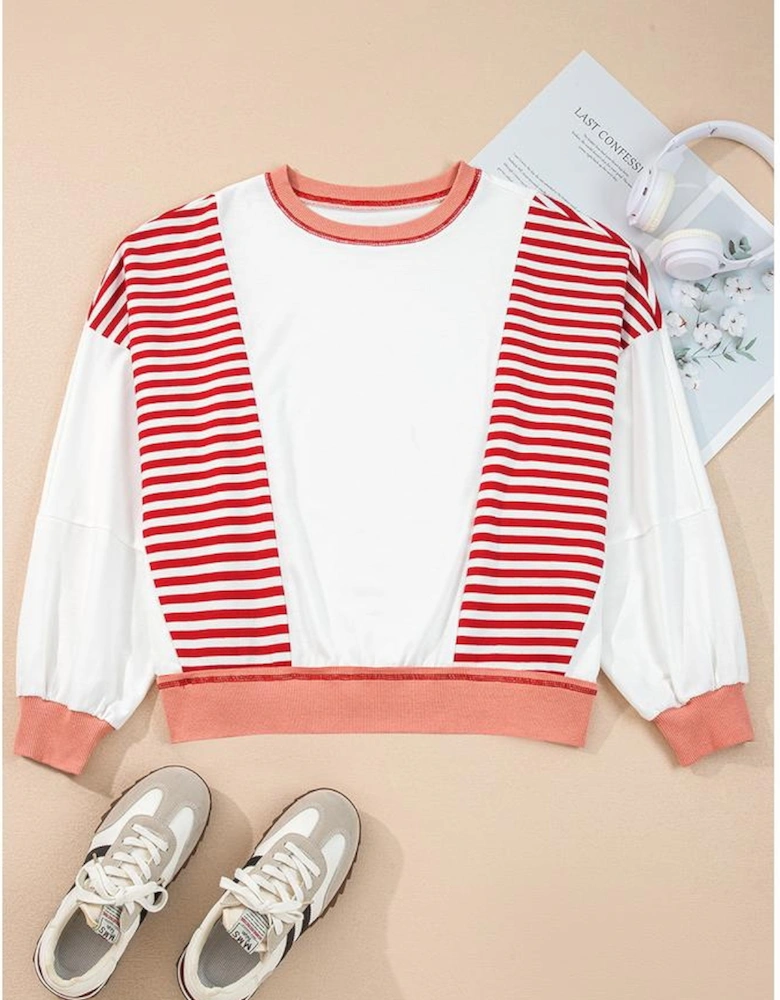 Red Stripe Colorblock Patchwork Contrast Stitching Oversize Sweatshirt