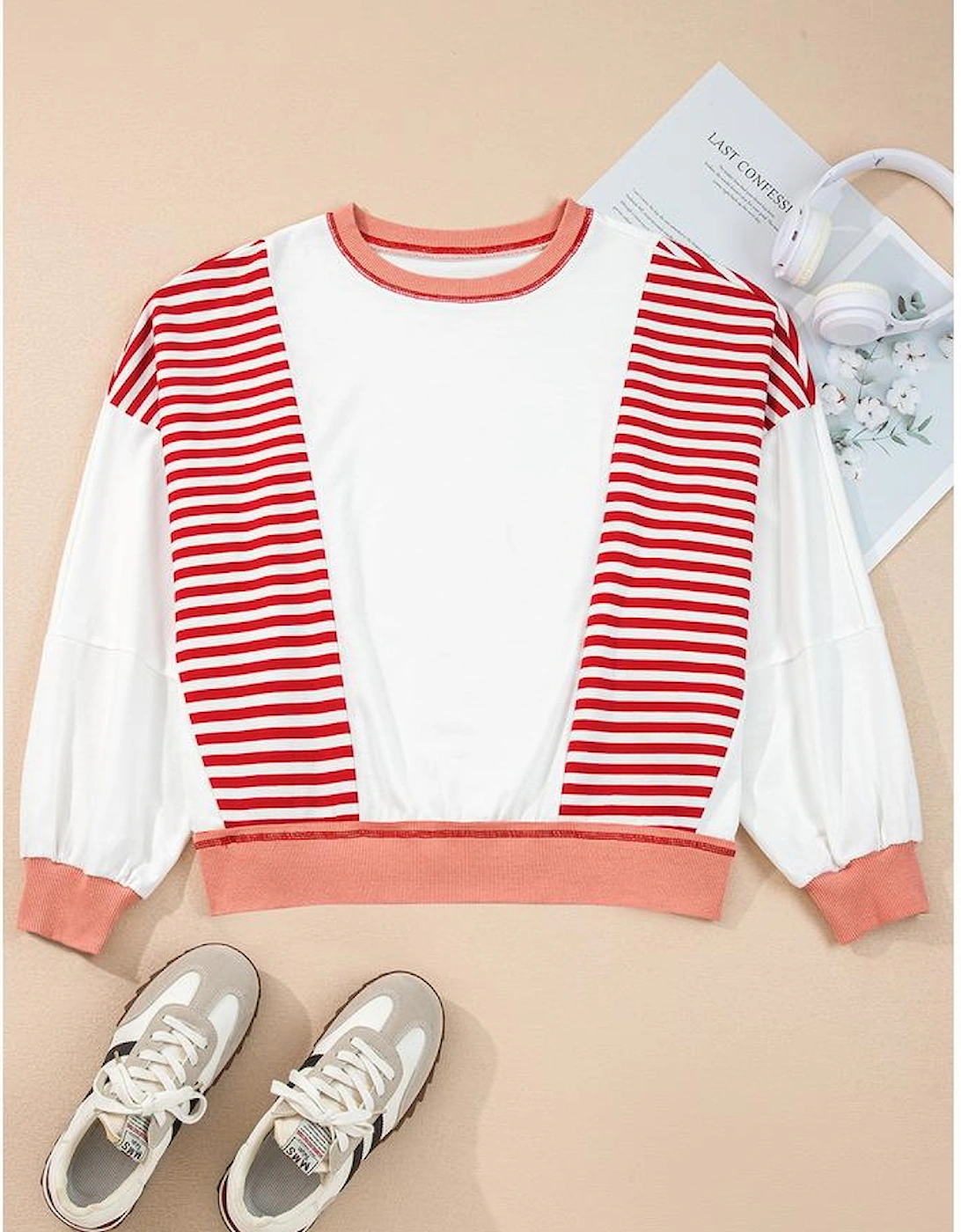 Red Stripe Colorblock Patchwork Contrast Stitching Oversize Sweatshirt