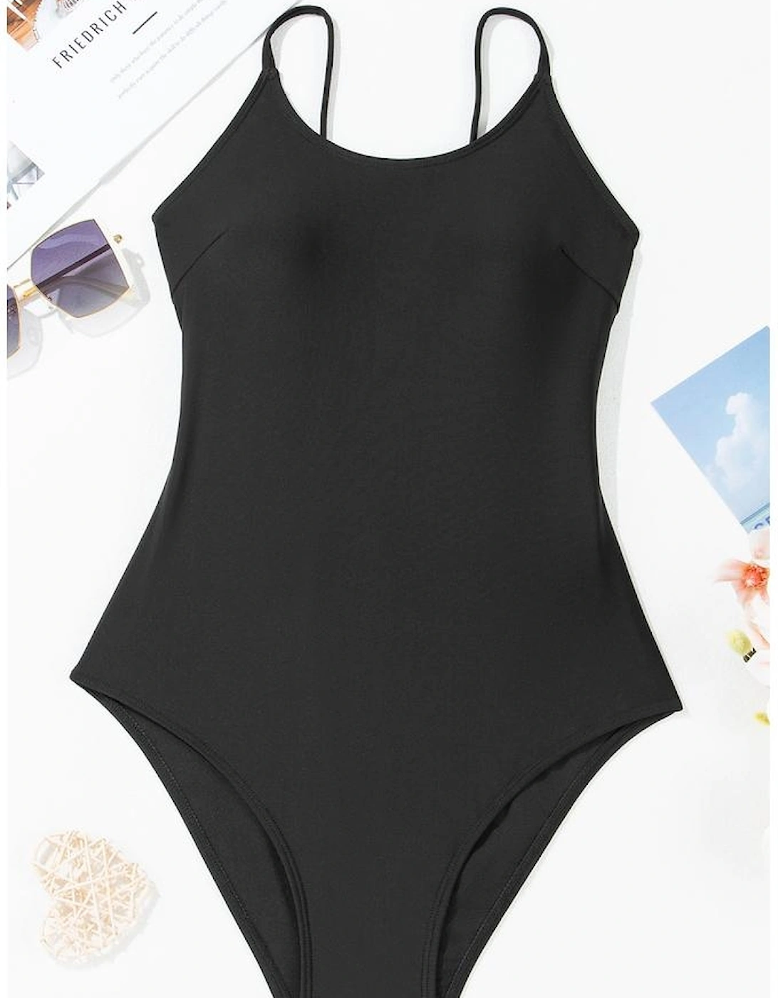 Black Thin Strap Strappy Lace-up Open Back One Piece Swimsuit