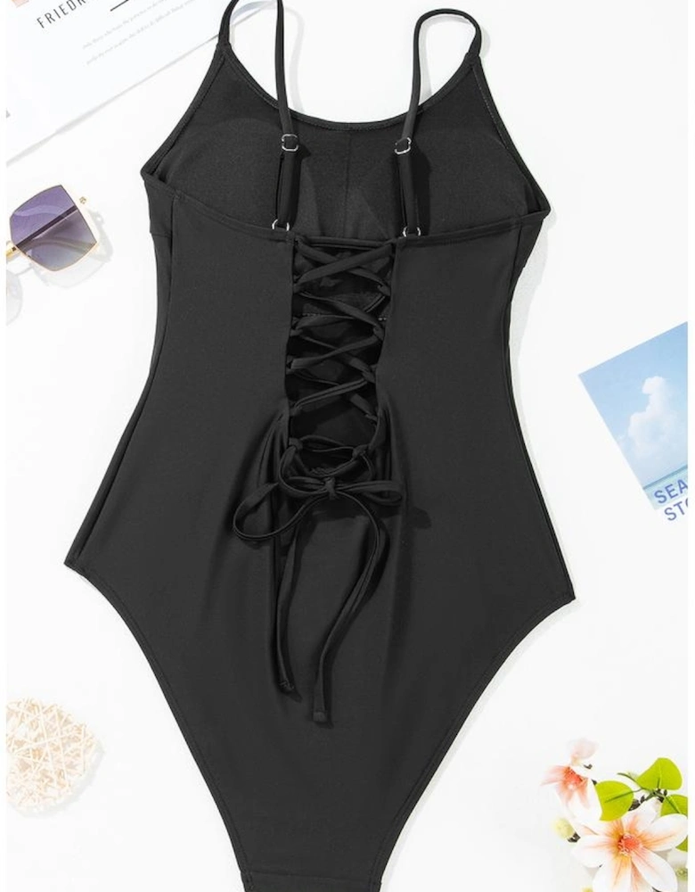 Black Thin Strap Strappy Lace-up Open Back One Piece Swimsuit