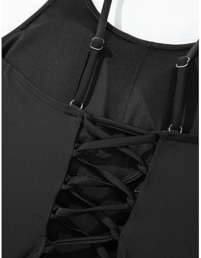 Black Thin Strap Strappy Lace-up Open Back One Piece Swimsuit