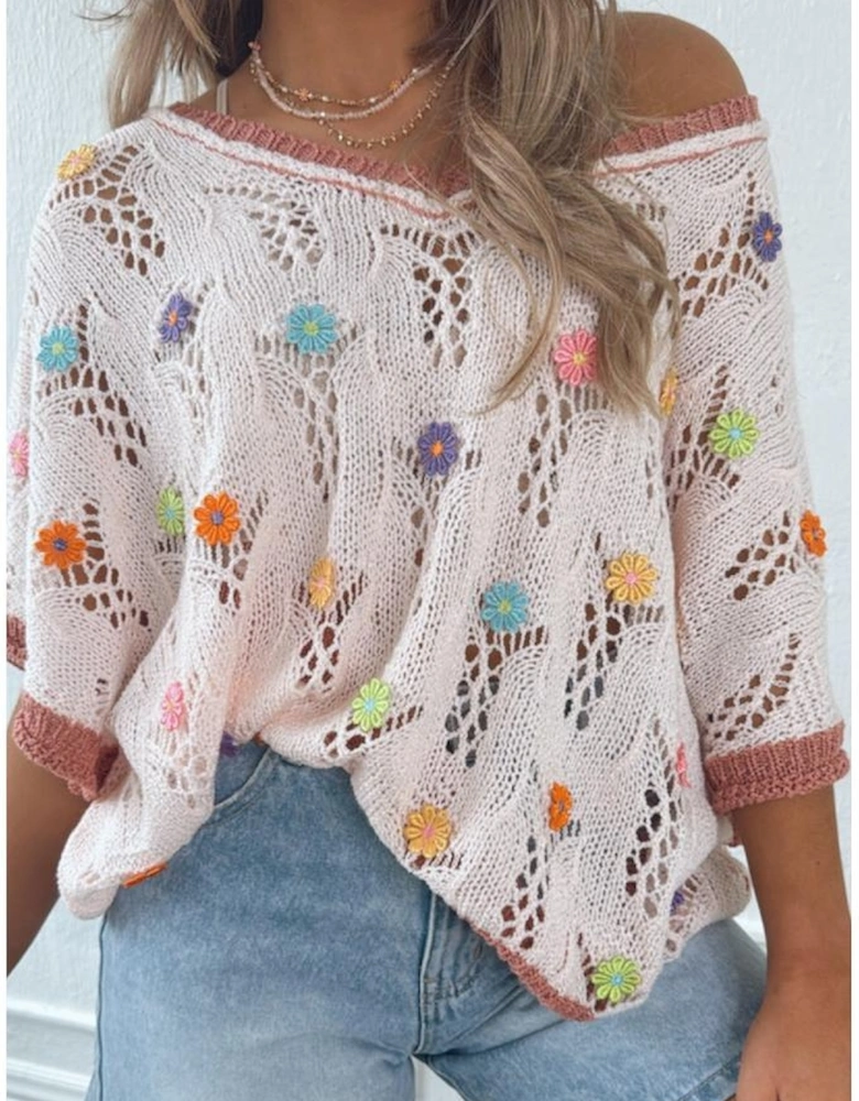 Delicacy Embroidered Flowers Colorblock Edge Hollowed Sweater