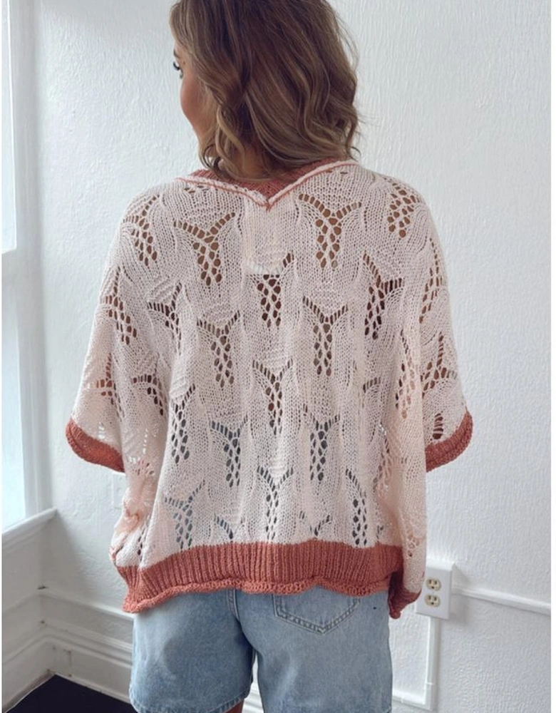 Delicacy Embroidered Flowers Colorblock Edge Hollowed Sweater