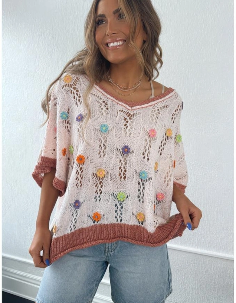 Delicacy Embroidered Flowers Colorblock Edge Hollowed Sweater