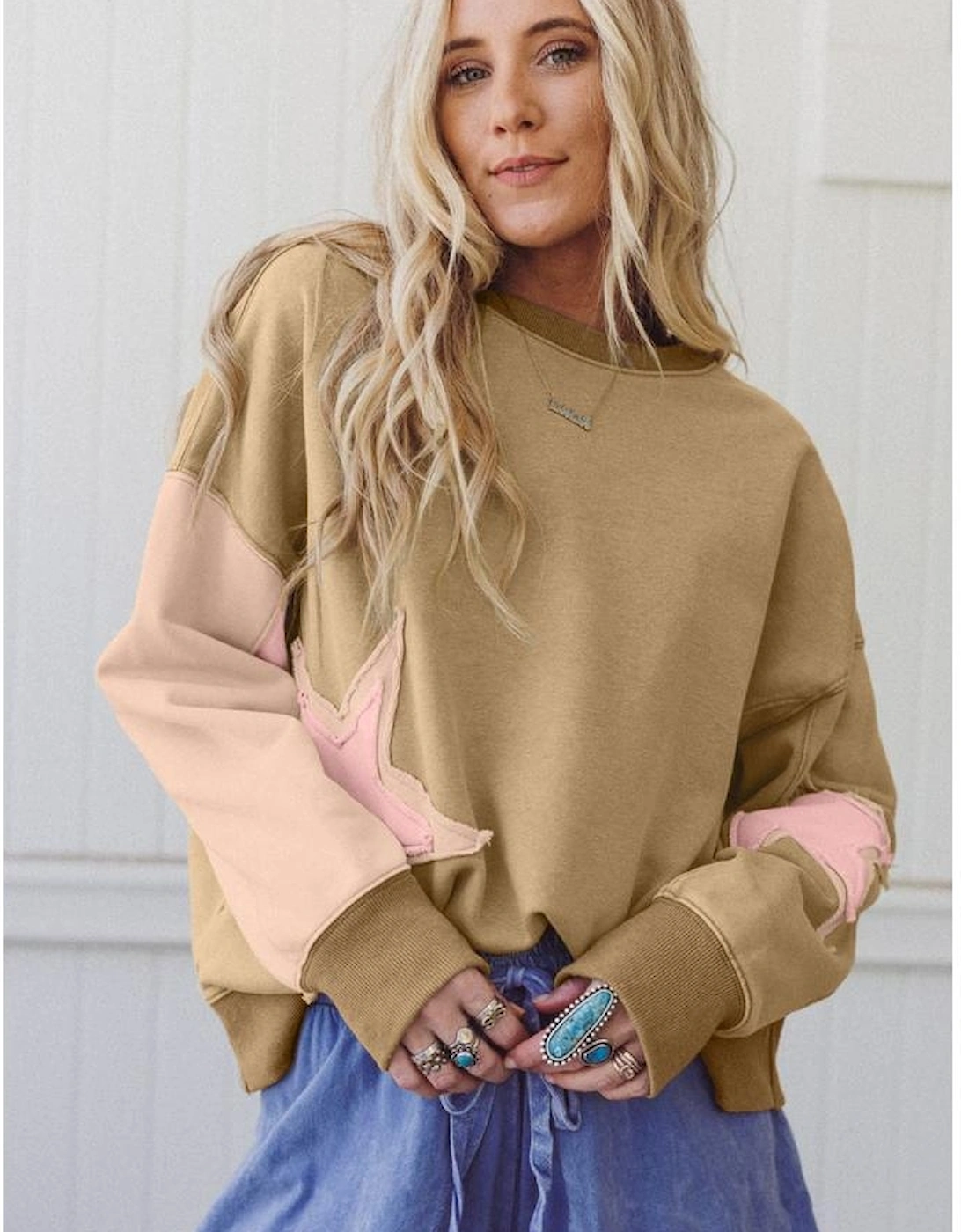 Sage Green Contrast Star Patchwork Exposed Seam Uneven Hem Drop Shoulder Sweatshirt