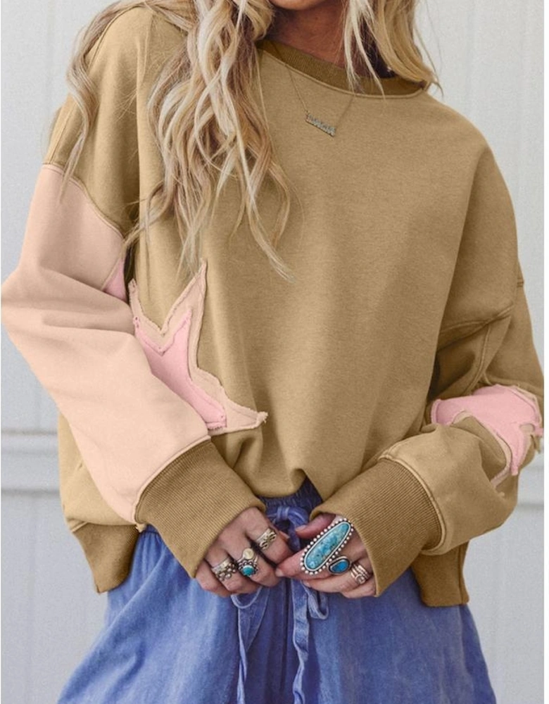 Sage Green Contrast Star Patchwork Exposed Seam Uneven Hem Drop Shoulder Sweatshirt