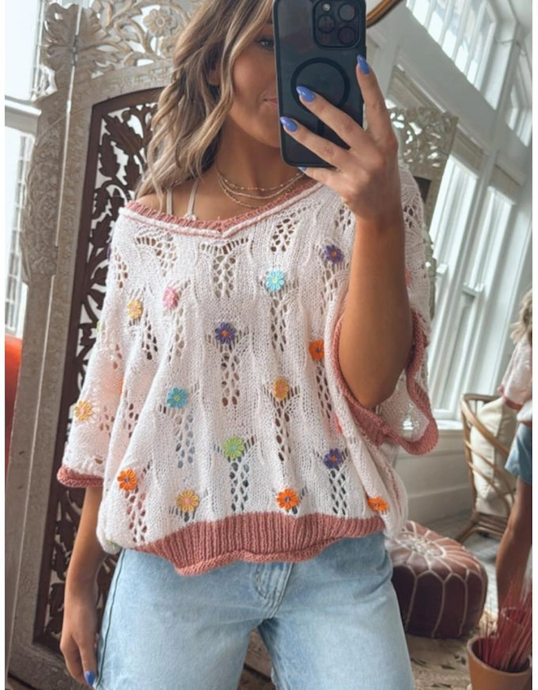 Delicacy Embroidered Flowers Colorblock Edge Hollowed Sweater