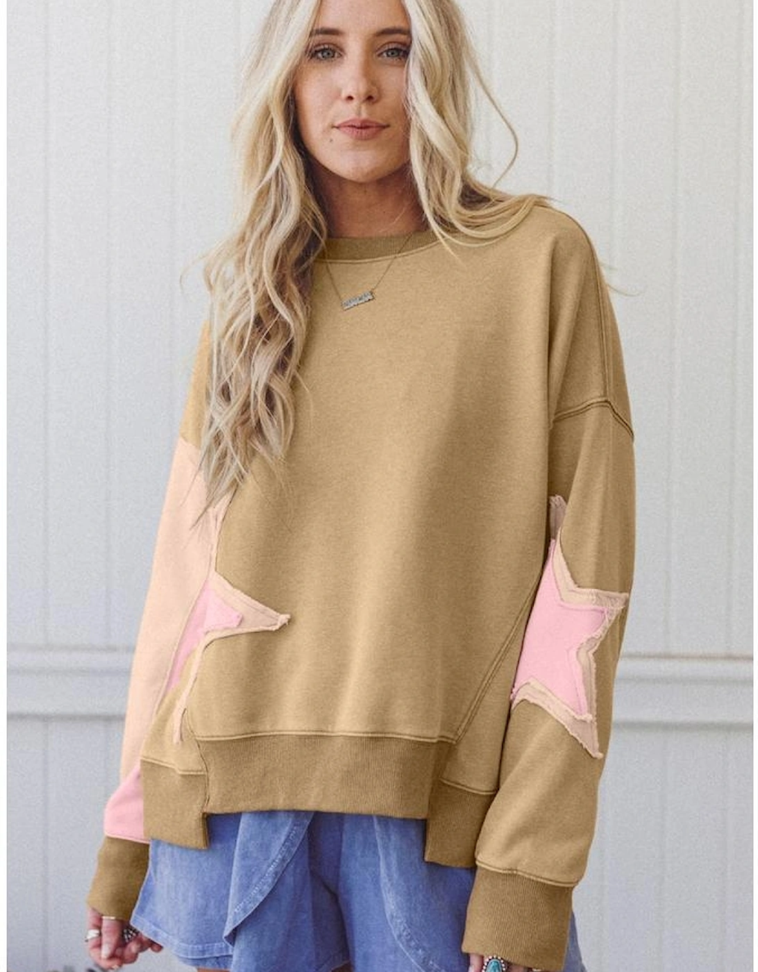 Sage Green Contrast Star Patchwork Exposed Seam Uneven Hem Drop Shoulder Sweatshirt