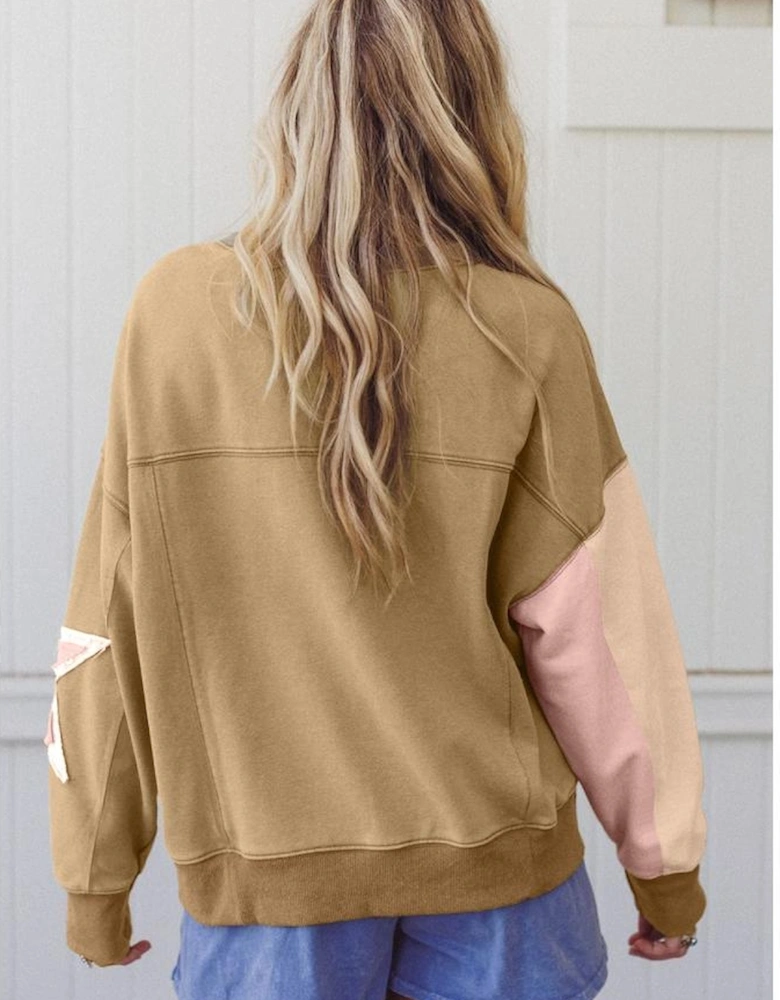 Sage Green Contrast Star Patchwork Exposed Seam Uneven Hem Drop Shoulder Sweatshirt