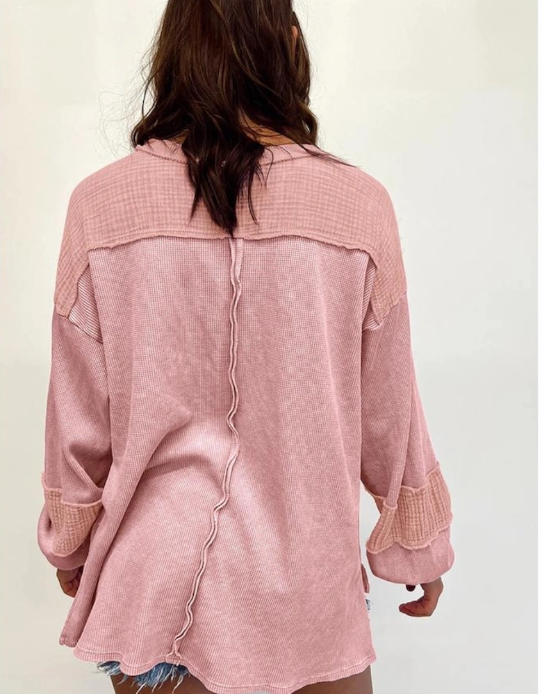 Pink Exposed Seam Patchwork Bubble Sleeve Waffle Knit Top