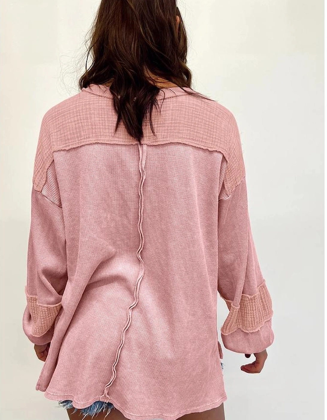 Pink Exposed Seam Patchwork Bubble Sleeve Waffle Knit Top, 5 of 4