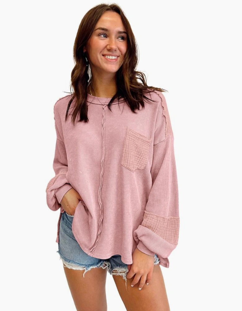 Pink Exposed Seam Patchwork Bubble Sleeve Waffle Knit Top