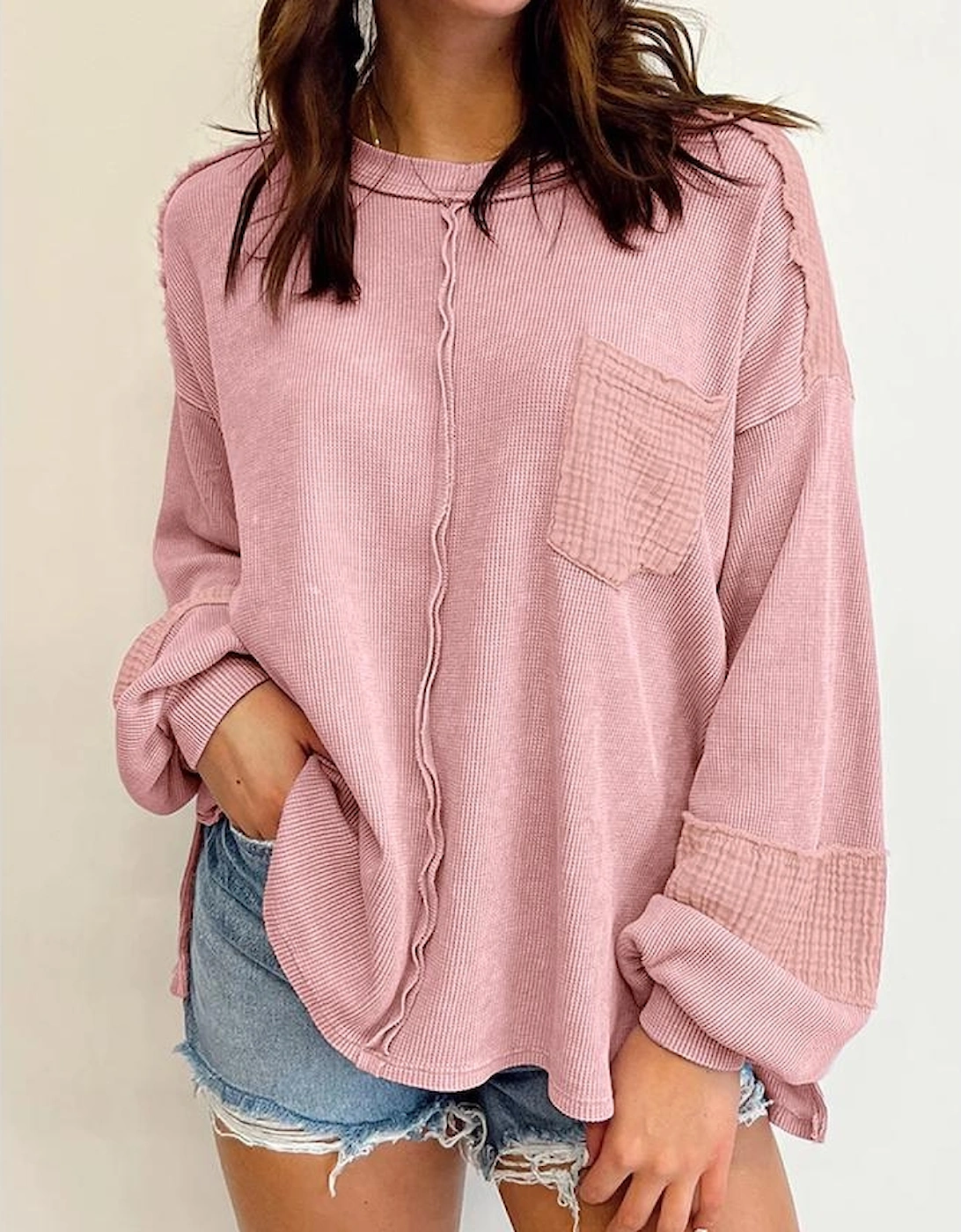 Pink Exposed Seam Patchwork Bubble Sleeve Waffle Knit Top