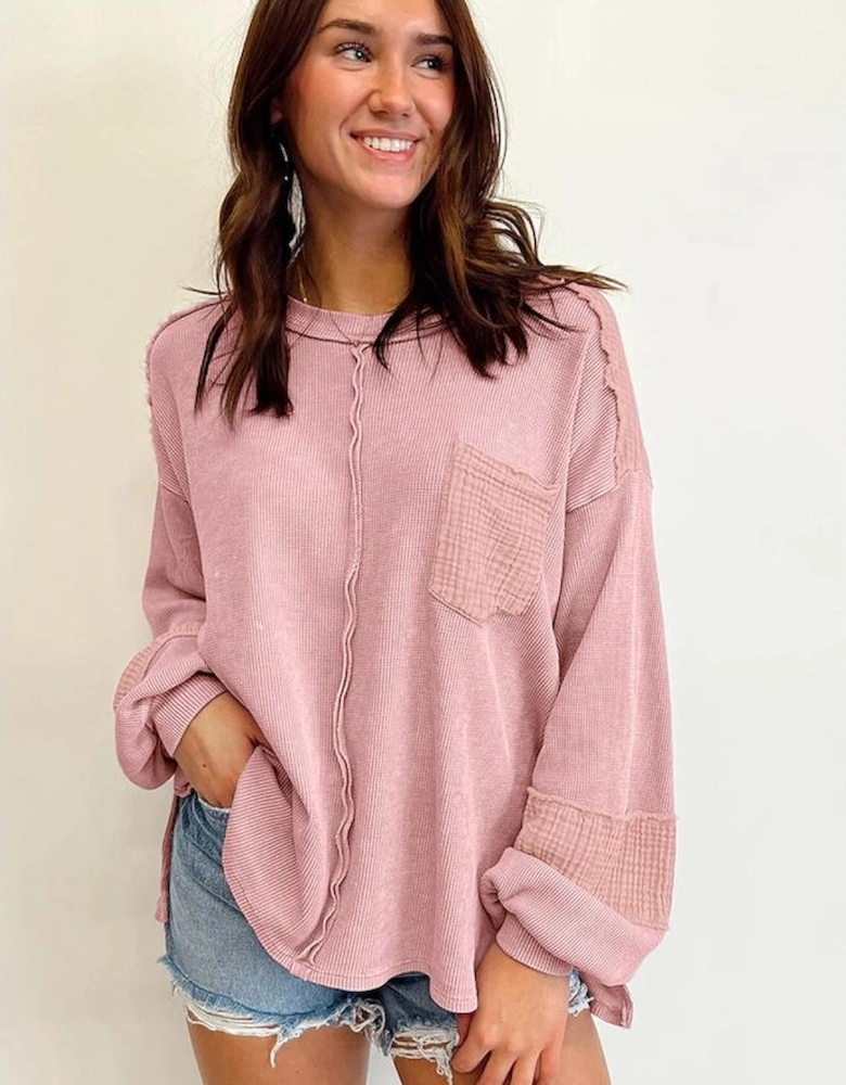 Pink Exposed Seam Patchwork Bubble Sleeve Waffle Knit Top