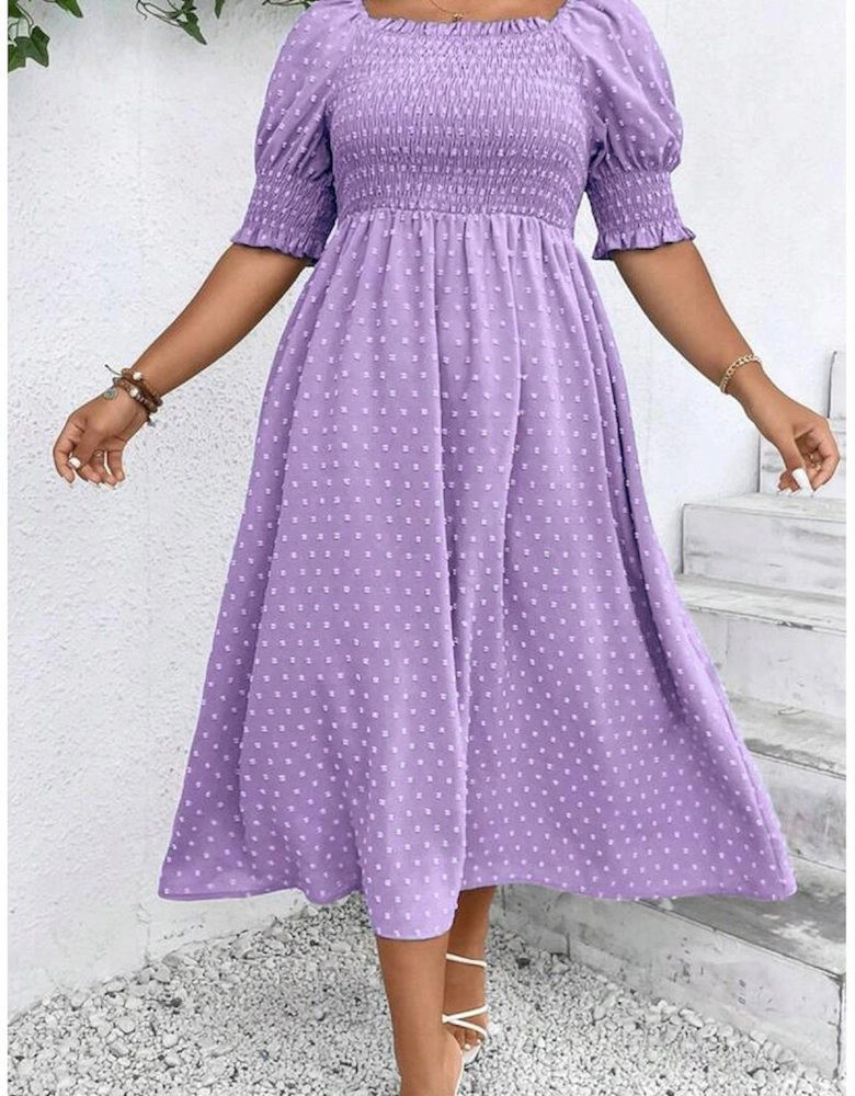 Wisteria Swiss Dot Smocked Frilled Neckline Short Sleeve Plus Size Dress