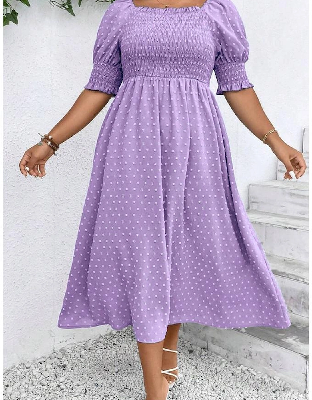 Wisteria Swiss Dot Smocked Frilled Neckline Short Sleeve Plus Size Dress