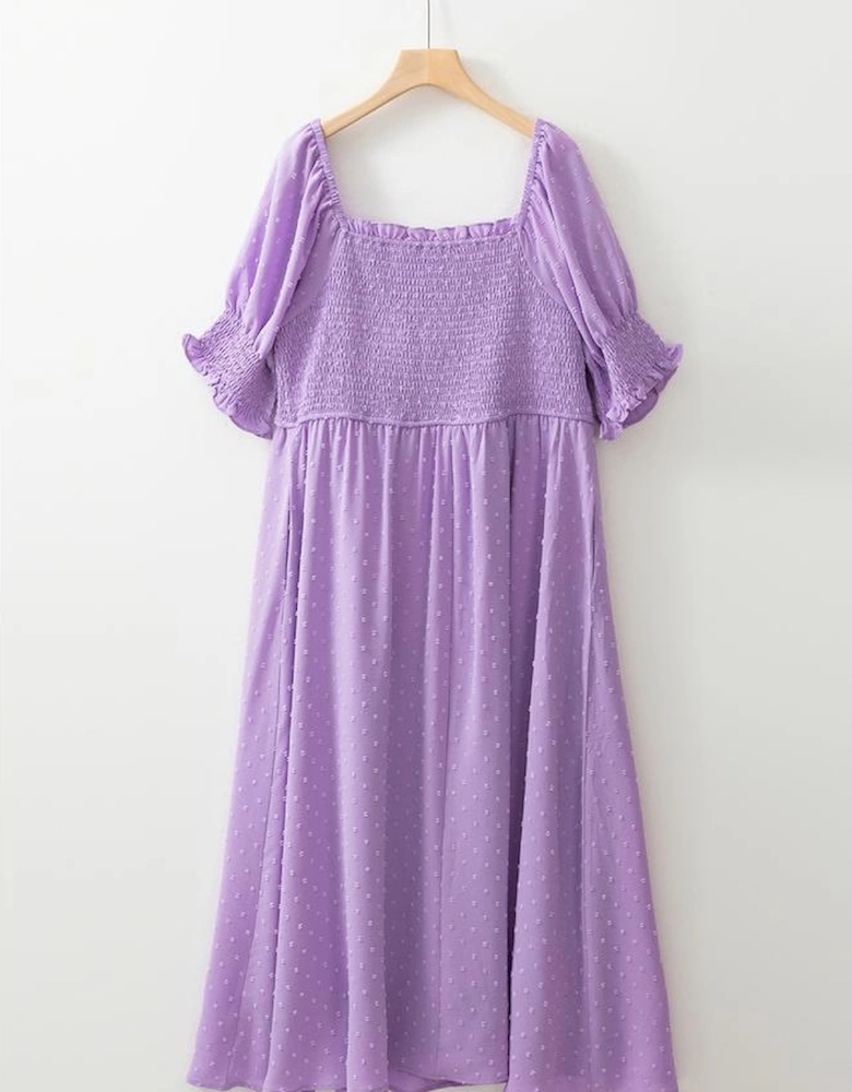 Wisteria Swiss Dot Smocked Frilled Neckline Short Sleeve Plus Size Dress