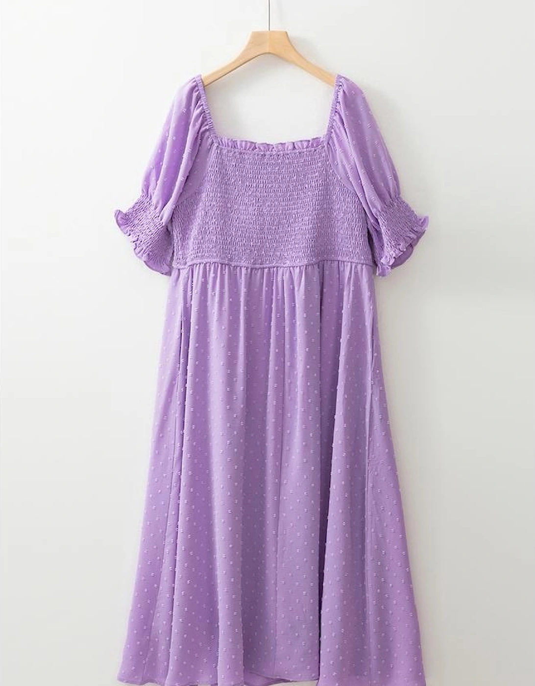 Wisteria Swiss Dot Smocked Frilled Neckline Short Sleeve Plus Size Dress