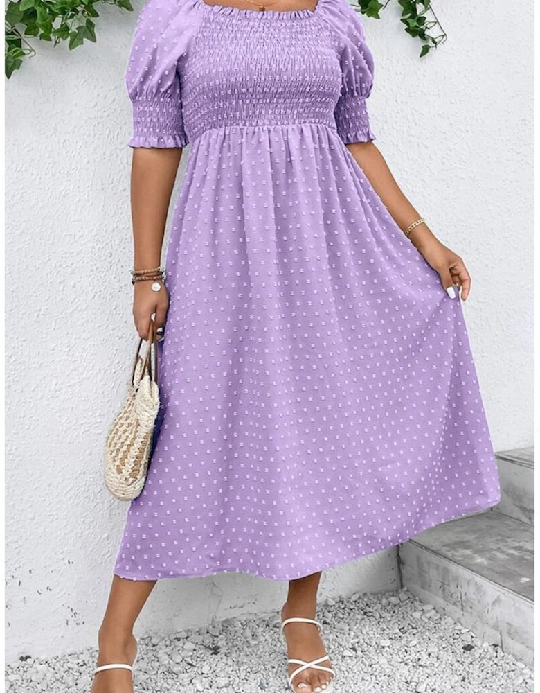 Wisteria Swiss Dot Smocked Frilled Neckline Short Sleeve Plus Size Dress